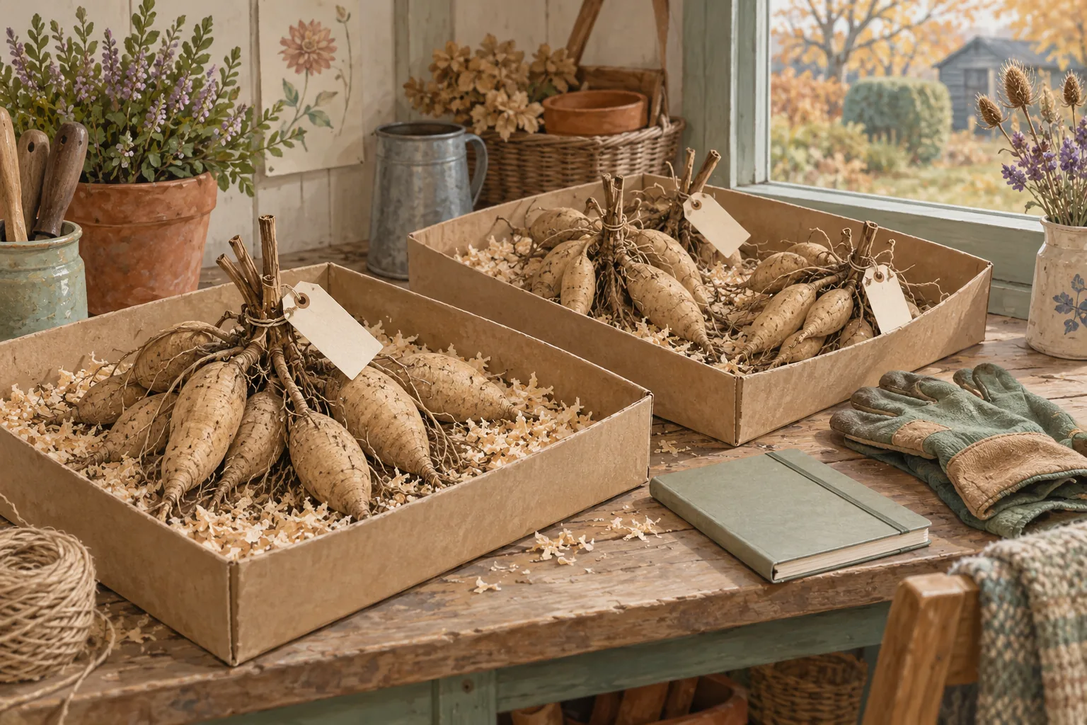Illustration of intact dahlia tuber clumps and blank labels on an autumn workbench