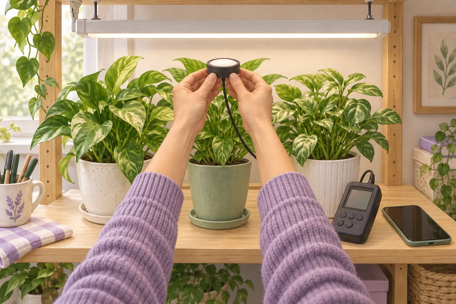 Checking light at the upper leaves of houseplants, with a level receiver beneath the lamp and a phone resting nearby