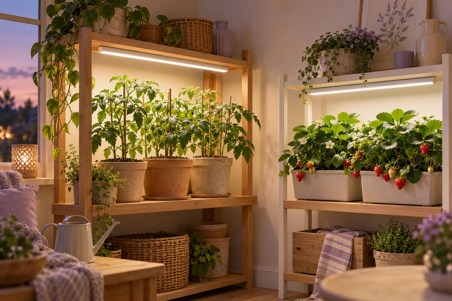 Illustration of separate tomato and strawberry shelves under white grow lights