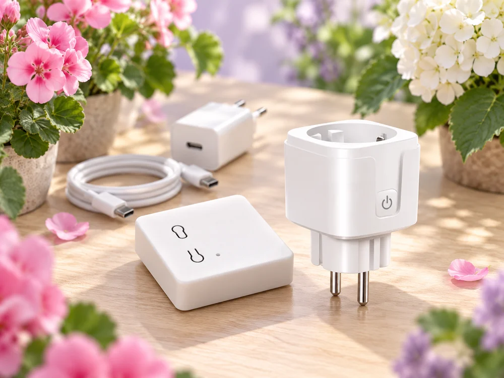 Illustration of the first-shelf kit: flat Mini hub, one smart plug, power supply and cable