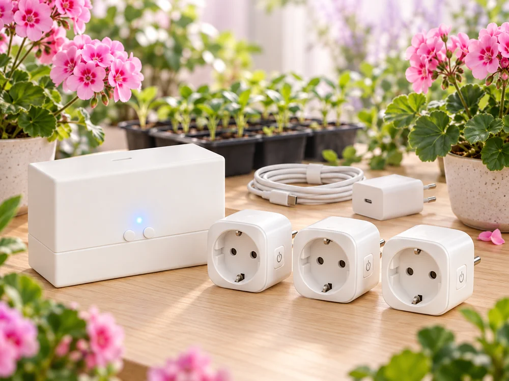 Kit illustration: PushOk White, three smart plugs and a power supply beside flowers