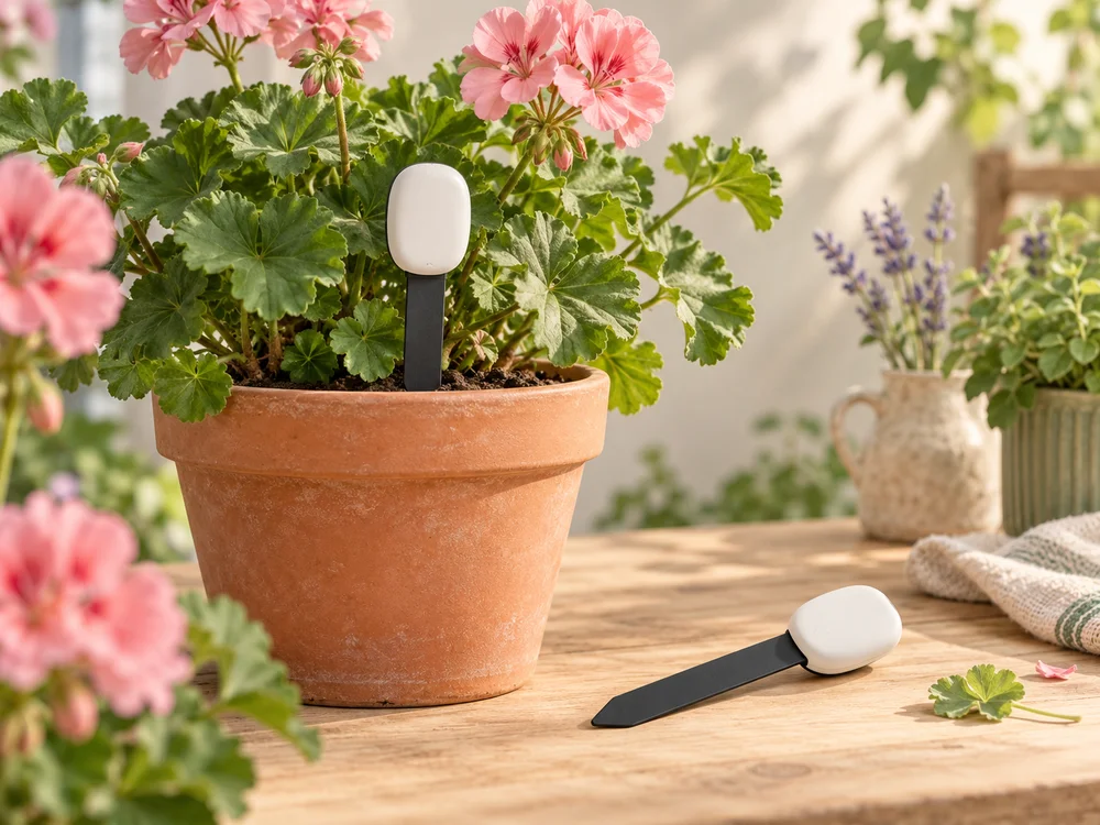 Illustration of a soil-moisture sensor beside plants