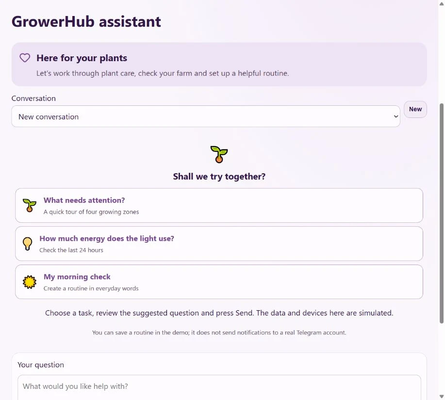 Three tasks in the GrowerHub assistant: a farm tour, light energy use and a morning routine
