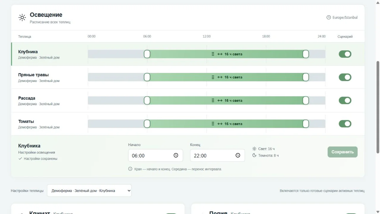 Расписания света четырёх виртуальных теплиц в GrowerHub