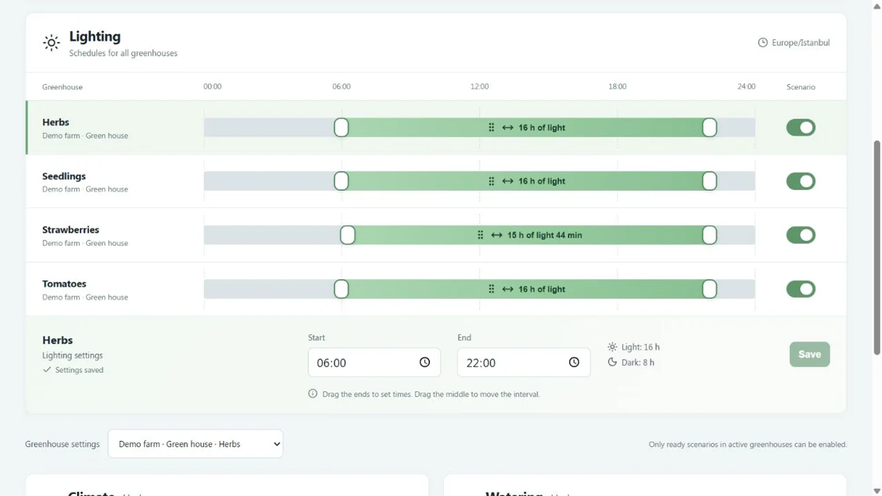 Light schedules for four virtual greenhouses in GrowerHub