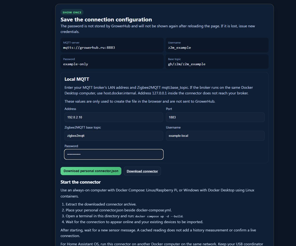 GrowerHub connector.json setup form with fictional connection details