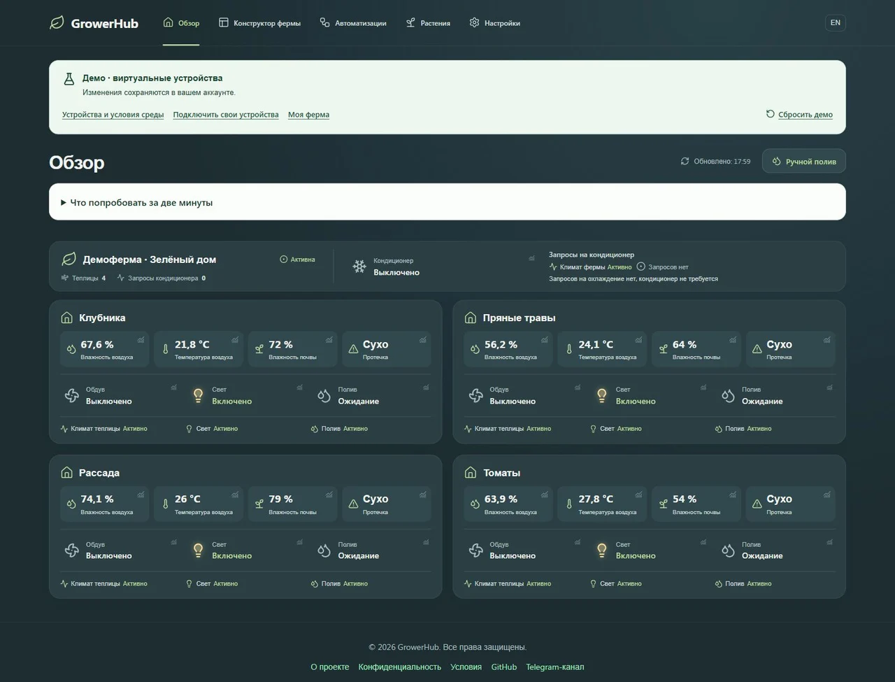 Обзор четырёх теплиц в действующем деморежиме GrowerHub